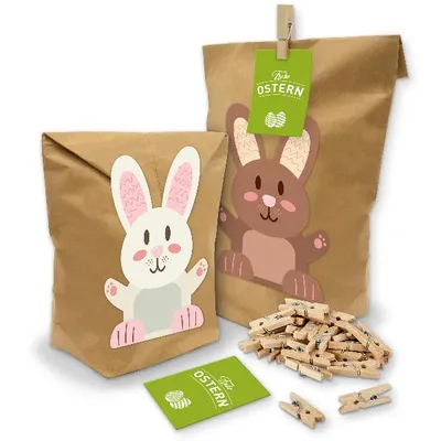 Produktbild von itenga Geschenktüten Set Hasenbande 10x Tüten + Klammern + Sticker + Karten