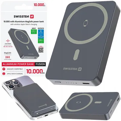 Zdjęcie produktu dla Swissten, Slim Qi2 MagSafe Powerbank 10000 mAh 15 W z USB-C PD 20 W, szary