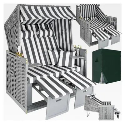 Produktbild von Strandkorb Ostsee 2-Sitzer, verstellbare Rückenlehne, Volllieger mit Fußbänkchen und Seitentischen, inkl. Schutzhülle & Kissen, ideal für Balkon, Garten und Terrasse - grau/weiß