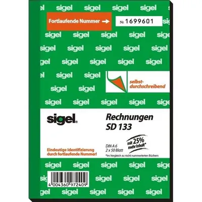 Produktbild von SIGEL SD133 Rechnungen, mit fortlaufender Nummerierung, 1. und 2. Blatt bedruckt, A6, selbstdurchschreibend, 2 x 50 Blatt