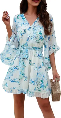 Image de ASKSA Robe d'été Femme Courte Elégante Fleurs Mousseline Encolure en V Robe portefeuille (Bleu,L)
