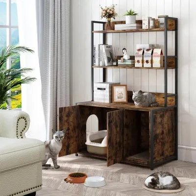 Produktbild von Katzenklo Schrank mit Regal 89,5 x 45 x 132 cm, Versteckte Katzentoilette mit 3 Ablagen, Katzenmöbel aus MDF & Metall, Katzenhaus