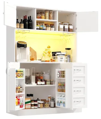 Immagine prodotto di Armadio alto da cucina con illuminazione a LED, 4 ante, cassetti, dimensioni 120x40x188 cm, colore bianco