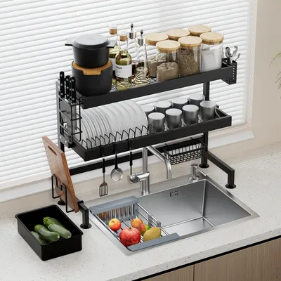 Produktbild von Stanew Abtropfgestell Geschirr - Über der Spüle Geschirrabtropfgestell, Großes Abtropfständer, Multifunktionaler Spülbecken Organizer, Schwarz-75CM