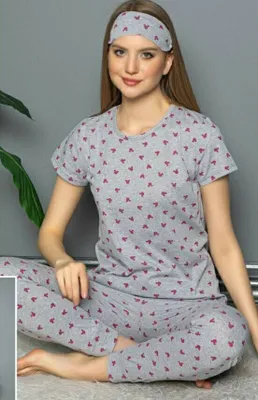 Produktbild von Damen Pyjama Schlafanzug Hellgrau XL Kurz 3-Teiler Set mit Augenband S-92