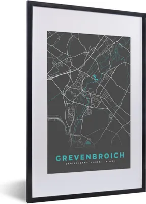 Produktbild von MuchoWow® Gerahmtes Poster Stadtplan - Karte - Grevenbroich - Blau - Deutschland - Karte 40x60 cm - Poster mit Schwarzem Bilderrahmen Wandposter Rahmen Foto Bilder - Poster in Rahmen