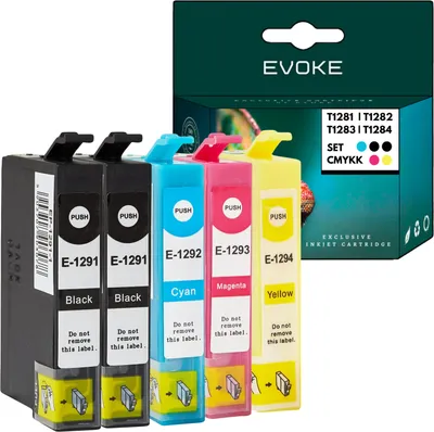 A product shot of four ink cartridges and their packaging.