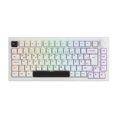 A white mechanical keyboard with RGB lighting.