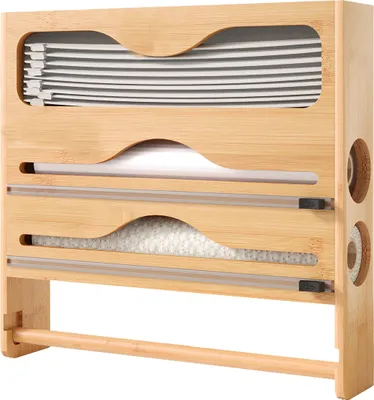 Produktbild von Relaxdays Wandrollenhalter 4 in 1, Küchenrolle, Frischhalte-, Alufolie, Gefrierbeutel, Bambus, HBT: 33x34,5x7 cm, natur
