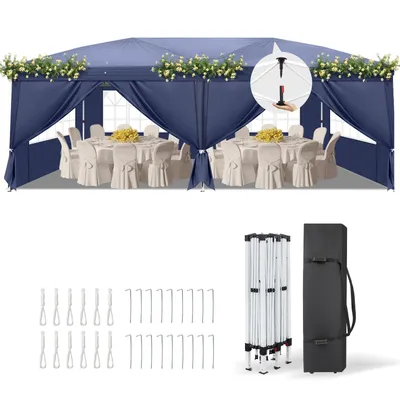 Obrázok produktu pre LEADZM, skladací pavilón, 3x6 m, s 6 bočnými stenami, párty stan, vodeodolný, UV ochrana 50+, nastaviteľná výška, záhradný pavilón, s prepravnou taškou, modrej farby