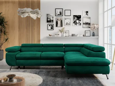 Produktbild von Ecksofa Sofa Grün, Wohnlandschaft L-Form mit Schlaffunktion und Bettkasten, Schlafsofa mit Bettkasten, Sofa mit Einstellbare Kopfstützen, Peter L - Dunkelgrün Velvet - Rechts Grün