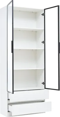 Produktbild von Merax Vitrine 80x34x200cm mit 2 Schubladen, Hochschrank mit LED und Stauraum Glasvitrine mit Aluminiumrahmen, Bücherregal für Wohnzimmer Weiß