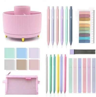 Produktbild von Schulbedarf-Set, 360-Gradiges Drehtafel-Bleistiftgehäuse, Grafikstifte, Federhalter, Schreibstifte, Notizbucher, Inhaltsverzeichnisse, Büro-Accessoires (Rosa)
