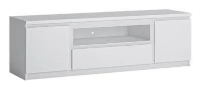 A white television stand with two cabinet doors and a central open shelf with a drawer below.