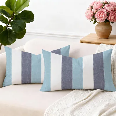 Produktbild von Set mit 2 weißen, gestreiften Leinenkissenbezügen, 30 x 50 cm, dekorative Kissenbezüge für Wohnzimmer, Sofa, Außenbereich, waschbar