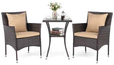 Immagine prodotto di Set di mobili da giardino COSTWAY in polyrattan, mobili da balcone con 2 poltrone, tavolo in vetro e cuscini, salottino da giardino per 2 persone, salottino, mix marrone+beige