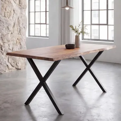 Produktbild von FineBuy Esszimmertisch 180cm rechteckig Massivholz Akazie Baumkante Industrial Esstisch Baumstamm Massiv Küchentisch Baumkantentisch X-Gestell Schwarz