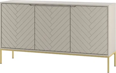 A beige sideboard with a herringbone pattern on the doors and a gold metal frame.
