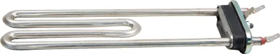 A metal heating element with a black flange and electrical connectors, isolated on a white background.