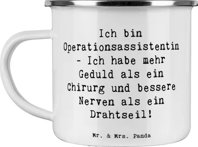 Produktbild von Mr. & Mrs. Panda Tasse Emaille Spruch Geduld Operationsassistentin - Weiß - Geschenk, Berufsliebe, Motivtasse, Krankenpflege, Dokumentation, Teetasse, Nachsorge, Haferl
