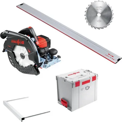 A collection of woodworking tools, including a circular saw, track saw guide, saw blade, and storage case, arranged on a white background.