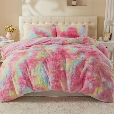 Plüsch-Bettwäsche-Set 200x200 cm + 2 Kissenbezüge 80x80 cm, Regenbogen-Rosa