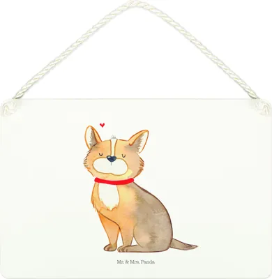 Produktbild von Mr. & Mrs. Panda Schild Hund Glück DIN A4 - Weiß - Geschenk, Herz, Wandbild Holz, Liebe, Corgie, Sprüche, Holzschild, Türschild, holzbild, wandtafel, Spruch