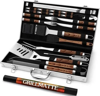 Zdjęcie produktu dla Zestaw do grillowania ze stali nierdzewnej, 26-częściowy, z termometrem i walizką