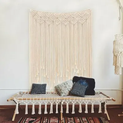 Image de Boho macramé tapisserie porte fenêtre rideau fond de mariage