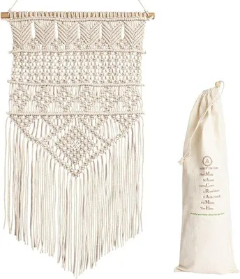 Produktbild von Unyqoos® handgeknüpfter Makramee-Wandbehang – Boho-Wandteppich aus Baumwollkordeln & Holzstab, hängende Boho‑Deko für Wohnzimmer, 71×40 cm