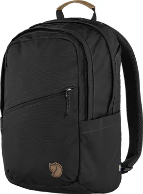 A black backpack is shown against a white background.