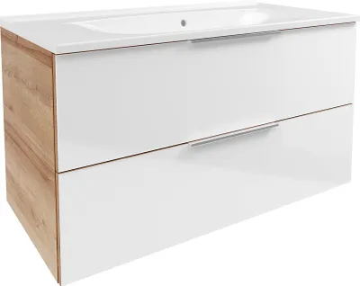 Produktbild von B.Brillant Waschbeckenunterschrank inklusive weißem Waschbecken aus Gussmarmor Hängend und Front aus lackiertem Glas Badschrank in Weiß & Eiche (100 x 56 x 50 cm)