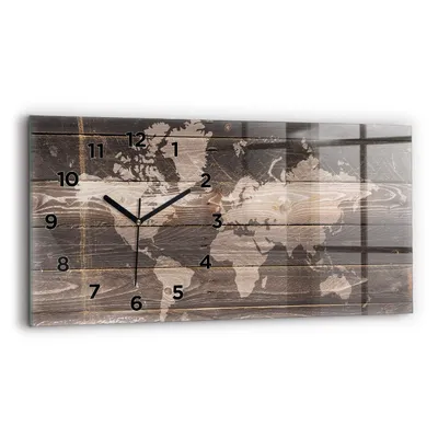 Produktbild von Wallfluent Wanduhr – Stilles Quarzuhrwerk - Uhr Dekoration Wohnzimmer Schlafzimmer Küche - Zifferblatt - schwarze Zeiger - 60x30 cm - Weltkarte auf Holz