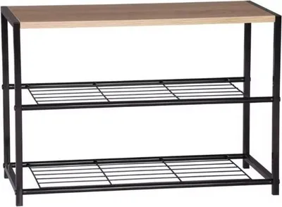 Productafbeelding van Schoenenrek, 2-laags - Opbergkast voor 6 paar schoenen - MDF en staal - Schoenenbank met opbergruimte - Geschikt voor hal, badkamer of entree - Ruimtebesparend - 63x30x42 cm - Zwart en houtlook