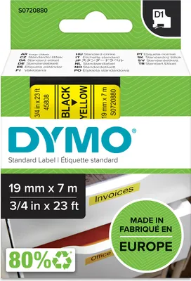 Produktbild von DYMO Original D1-Etikettenband | schwarz auf gelb | 19 mm x 7 m | selbstklebendes Schriftband | für LabelManager-Beschriftungsgerät