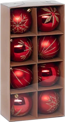 A set of eight red Christmas ornaments with gold glitter accents, arranged in a cardboard box with clear plastic packaging.