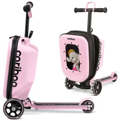 Two pink scooters with attached luggage, one in front of the other, against a white background. The scooter in the foreground is shown from the side, while the scooter in the background is shown from a three-quarter angle, with a stuffed elephant visible i