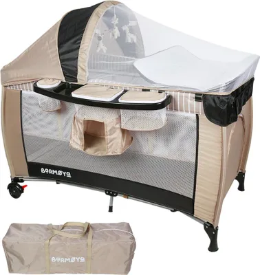 Produktbild von Einheitsgröße BM-12|Barmøya 3-in-1 Baby-Reisebett mit Wickelauflage – Reisebett, Laufstall & Beistellbett beige