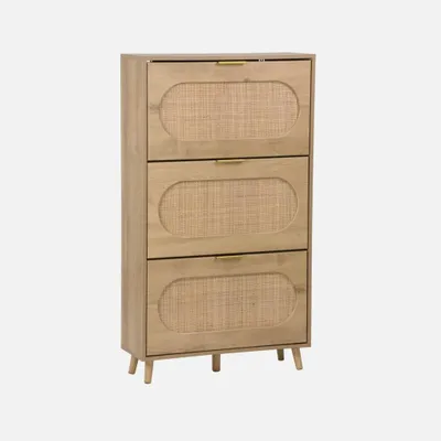 Immagine prodotto di Scarpiera con decoro in legno e canna, 3 ante, Marrone naturale