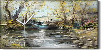 Produktbild von Leinwand Uhr Küche Wohnzimmer Bild 60x30 Malerei Abstrakte Bäume Fluss Blumen - weiße Hände