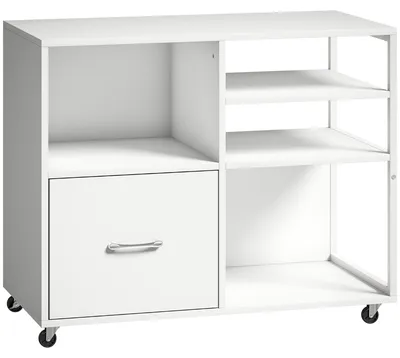Immagine prodotto di Mobile Porta Stampante 80x40x65,5 cm con Ruote e Cassetto A4 in Legno e Metallo Bianco