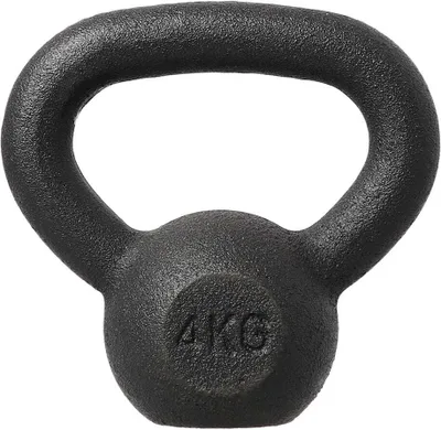 A black kettlebell is shown against a white background.