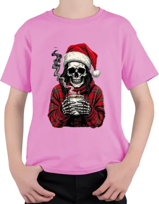 Produktbild von Weihnachtsmann Totenkopf Skelett Kaffee rot Karomuster Gothic Uni Kinder T-Shirt, Pink, 128