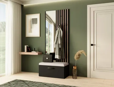 Produktbild von Garderobe MARGARET II, Farbe: Schwarz + Artisan Lamellen+ Hellbeige, mit Spiegel