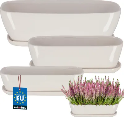 Image de KOTARBAU® 3 pcs. Céramique Bac à fleurs avec soucoupe 3 tailles Blanc Bac à fleurs Cache-pot Bac à fleurs Balcon Pots à plantes Bac à fleurs Pot à herbes aromatiques Rebord de fenêtre