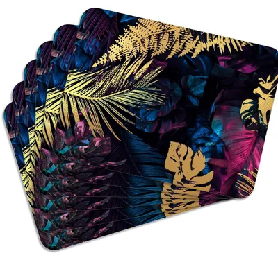 Produktbild von MG Design Set aus 6 Kork-Platzsets - Purple Jungle Gold - 30 x 40 cm - hitzebeständig & abwischbar, mit Korkrückseite