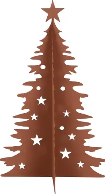 A cutout of a brown metal Christmas tree decoration with star and circle cutouts.