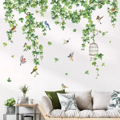 Produktbild von Ibenzoa® Wandsticker mit hängenden Weinranken, Blüten & Vögeln – 2 x 30×90 cm, empf. Endmaß 102×84 cm, wasserfest, für Wände, Fliesen, Möbel
