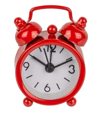 A red analog alarm clock with a white face and black hands, set against a white background.