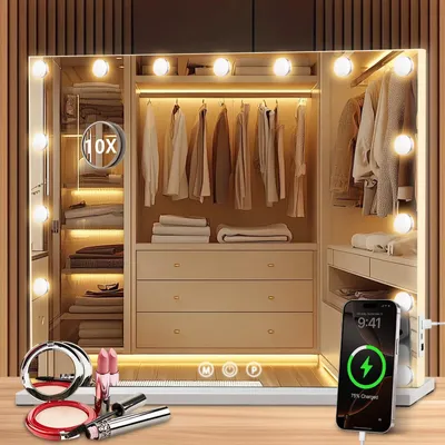 Image de Miroir de maquillage avec éclairage - Miroir cosmétique Hollywood 15 LEDs avec 3 couleurs de lumière